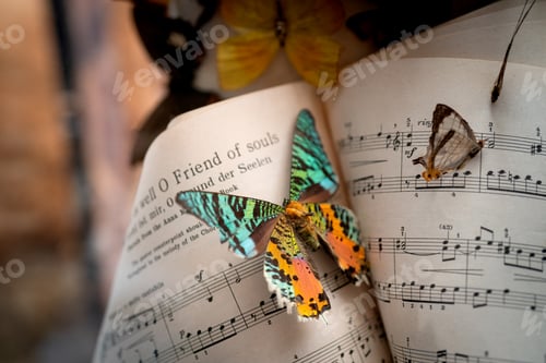 Preview: Vintage sheet music pages with butterflies