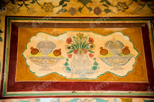 Preview: Detail of ornately decorated inside Amber fort, Jaipur, Rajasthan, India