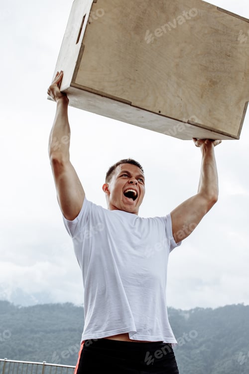 Preview: Cross Fit Weight Lifting exercise man workout outdoor, lifting heavy jump box.