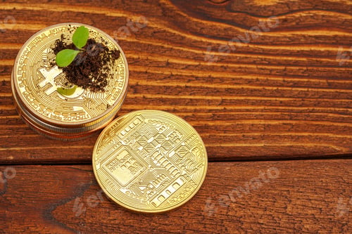 Preview: Golden bitcoin and green plant in soil