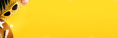 Preview: Yellow hot summer with straw hat and sunglasses on yellow background