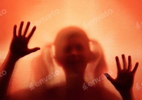 Preview: Shadowy figure, child behind glass - horror background