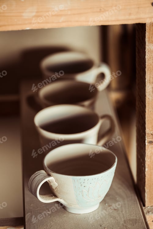 Preview: Close up of clay cups placed on wooden plank