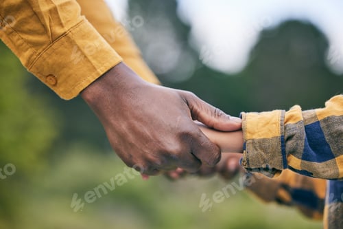 Preview: Park, holding hands and nature child, parent or family quality time, kindness and care on outdoor a