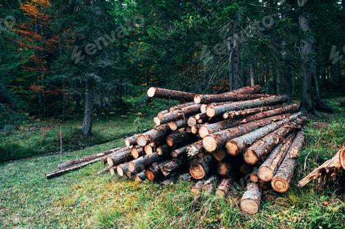 Preview: Beautiful nature. Freshly harvested wooden logs stacked in a pile in the green forest
