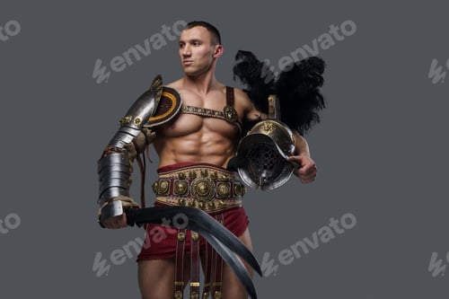 Preview: Muscular greek gladiator with plumed helmet and short sword