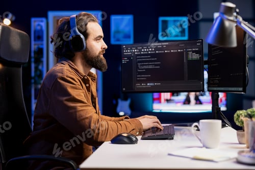 Preview: Programmer at home enjoying podcasts and building firewalls protecting data