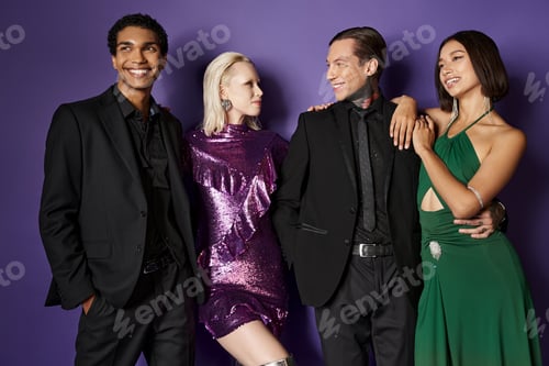 Preview: New year 2024, happy interracial male and female friends in festive attire hugging on purple