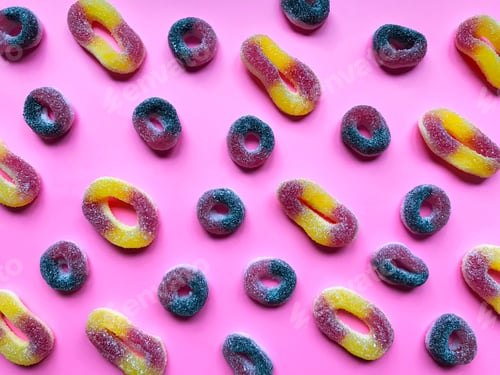 Preview: Colorful rubber candies on pink monochrome background