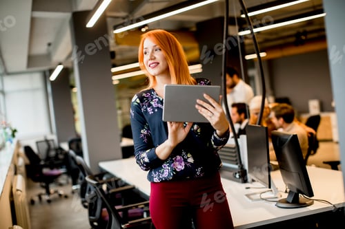 Preview: Pretty young businesswoman working on digital tablet