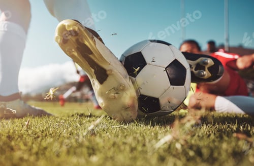 Vista previa: Soccer, soccer ball and man slide tackle during match, training or competition outdoors. Football,