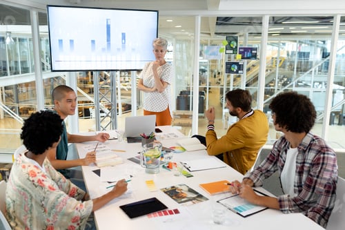 Preview: Mature Caucasian businesswoman giving presentation on screen during meeting