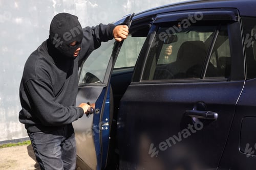 Preview: Thief stealing automobile car, try to open the door.