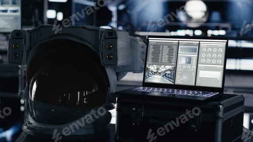 Preview: Laptop in space station tracking star and asteroids patterns during cosmic trip