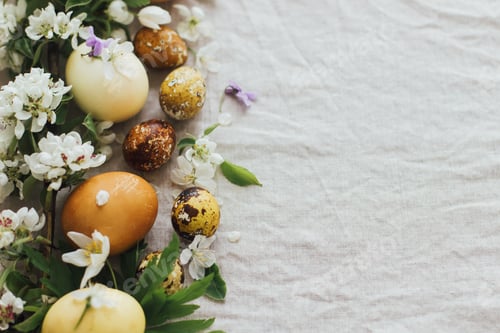 Preview: Happy Easter! Easter rustic flat lay with eggs and spring flowers on linen. Aesthetic holiday