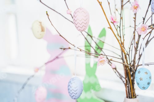 Preview: Table decoration for Easter celebration in kitchen.Tablescape for Easter holiday at home.Family reli