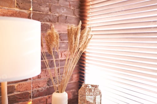 Preview: Trendy pampas flower. Bedroom interior design. Minimal bouquet