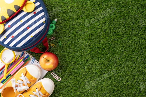 Preview: Back to school theme with colorful accessories including backpack, sneakers, and supplies