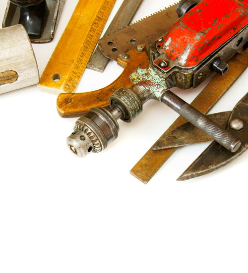 Preview: Vintage working tools (drill, ruler and others) on white background.