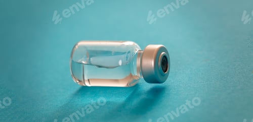Preview: Medical vial for injection on blue background, transparent glass bottle, drug medicine vaccine dose.