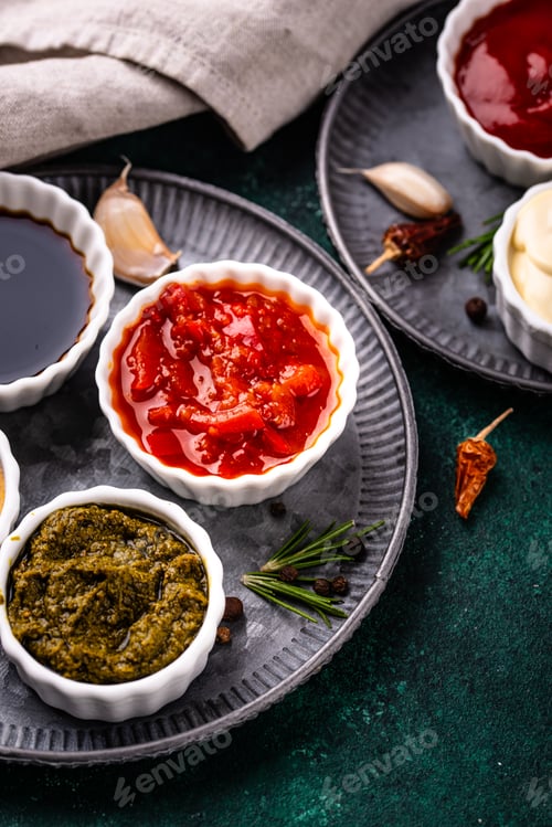Preview: Set of different sauces. Ketchup, mustard, pesto
