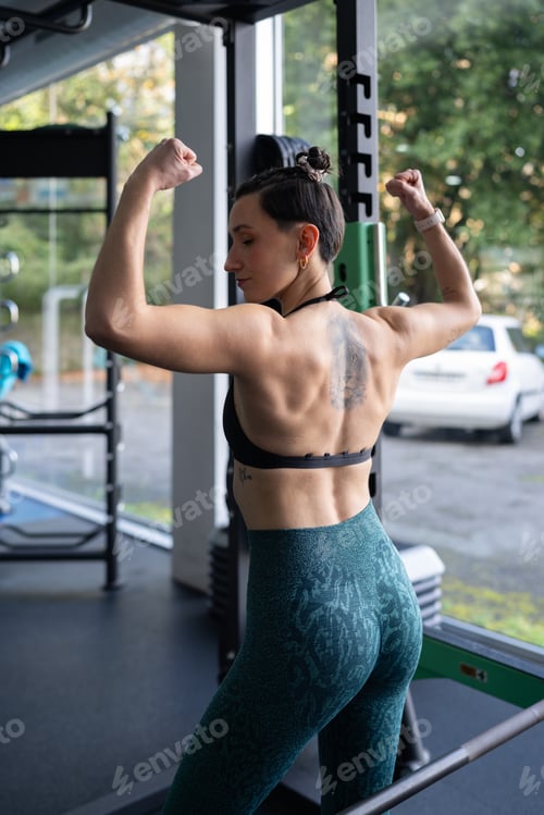Preview: Muscular female athlete displaying powerful bicep