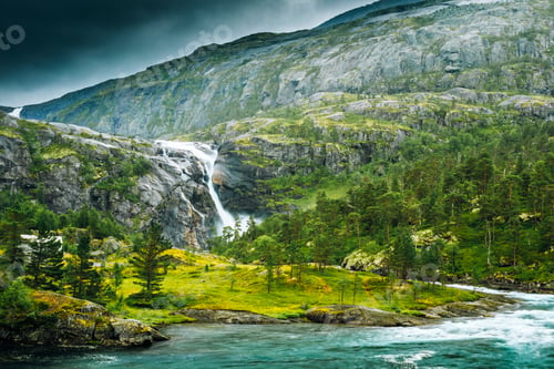 Preview: South Fjord, Norway. Giant Waterfall In Valley Of Waterfalls. Hu