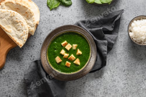 Preview: Palak Paneer served with basmati rice. Indian vegetarian cuisine mades of spinach and paneer cheese.