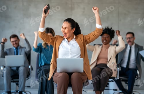 Preview: Excited overjoyed diverse business people, team celebrate corporate victory together in office