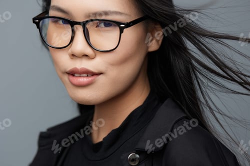Preview: Attractive woman business fashion glasses face asian student studio beautiful background cute smile