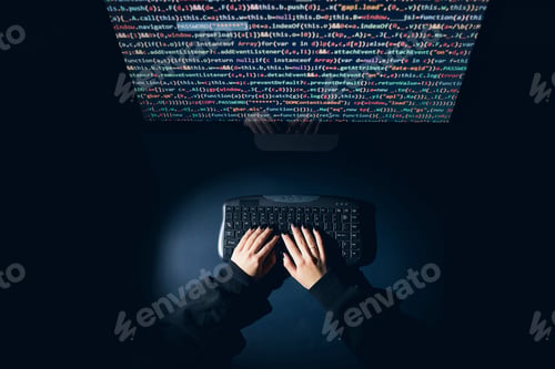 Preview: Cyber security threat. Young woman using computer and coding. Internet and network security. Cyber