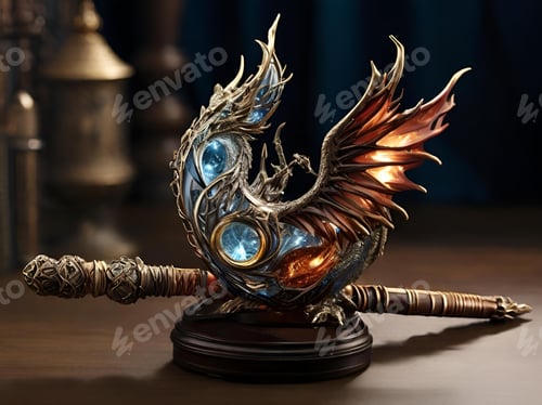 Preview: Magical attribute with a wand put on the table on the blurry background