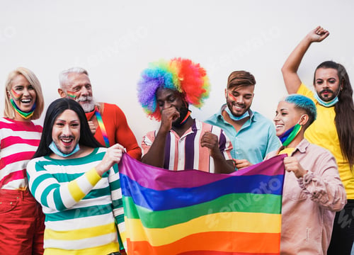 Preview: Young multiracial people dance at gay pride event with lgbt rainbow flag