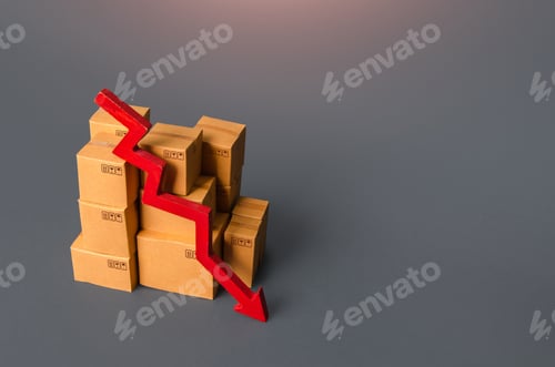 Preview: Boxes with goods and a red down arrow. Revenue drop in trade and transportation industry.