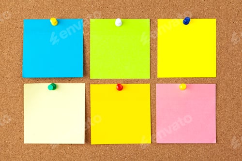 Preview: Cork board with several colorful blank notes with pins