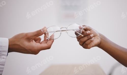 Preview: Hands, vision or glasses with an optometrist and customer in an eyewear store closeup for prescript
