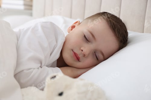 Preview: Bedtime. Cute boy sleeping with toy sheep in bed