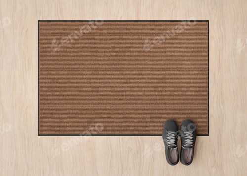 Preview: Blank brown door mat on the floor at home. Welcome mat with copy space for your text. Doormat