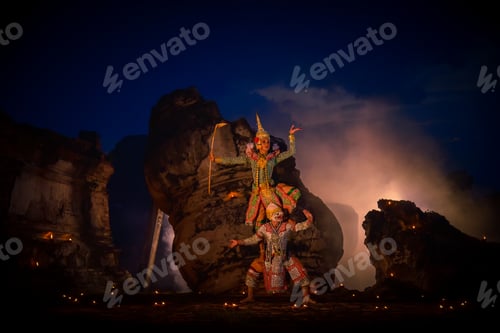 Preview: Khon is art culture Thailand Dancing in masked Tos-sa-kan and Hanuman are fighting in literature Ram