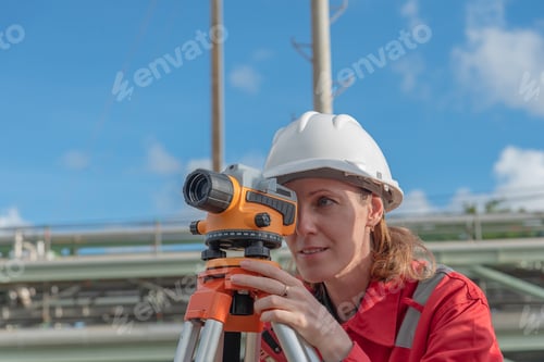Preview: Woman engineer using theodolite outdoors