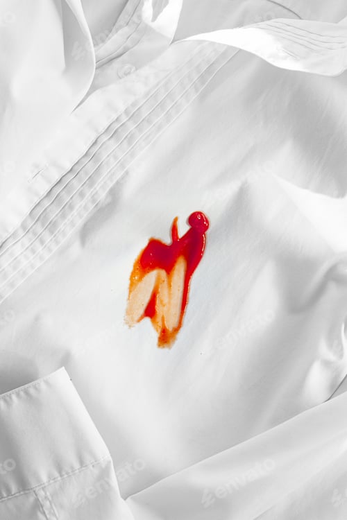 Preview: White shirt stained with ketchup, no people, close-up , selective focus,