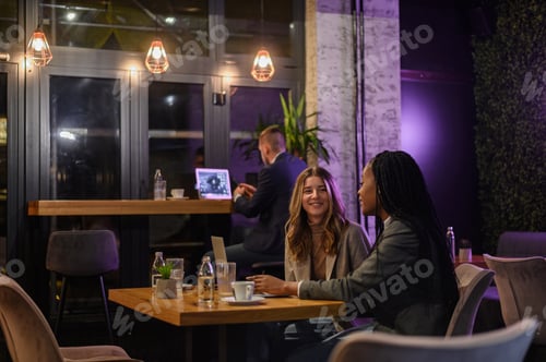 Preview: Two businesswoman having a meeting in a cafe while using a laptop