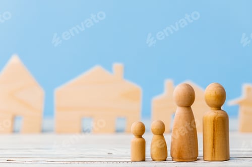 Preview: Little wooden men and house miniature close up