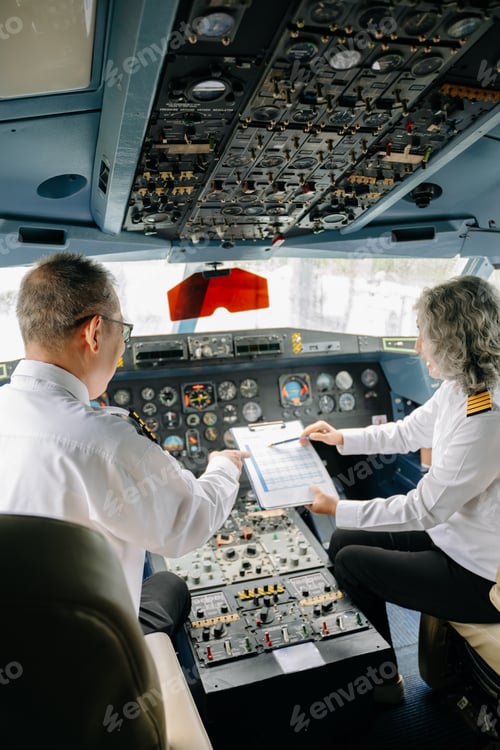 Preview: Mature commercial male pilot Beautiful middle aged woman airplane captain instructor has a meeting