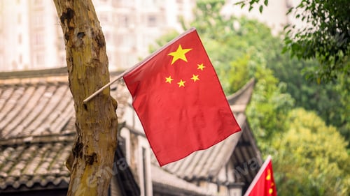 Preview: Chinese flag with bright red and yellow colors is mounted on tree