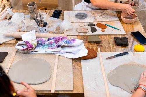 Preview: Ceramic Workshop. Workshop work table with tools and processes.