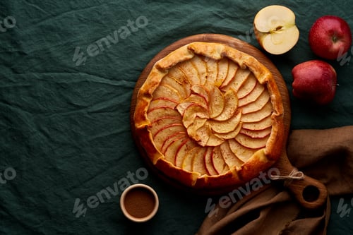 Preview: Apple pie, galette with fruits, sweet pastries on dark green tablecloth, copy space