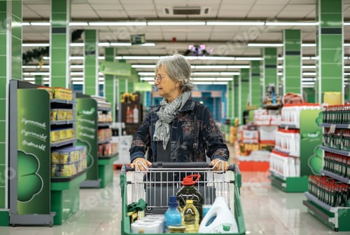 Preview: Caucasian senior woman pushing cart in supermarket looking at the products on display