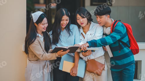 Preview: group of students young university students consulting doing homework,