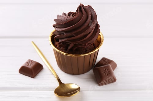 Preview: Delicious cupcake and chocolate pieces on white wooden table, closeup